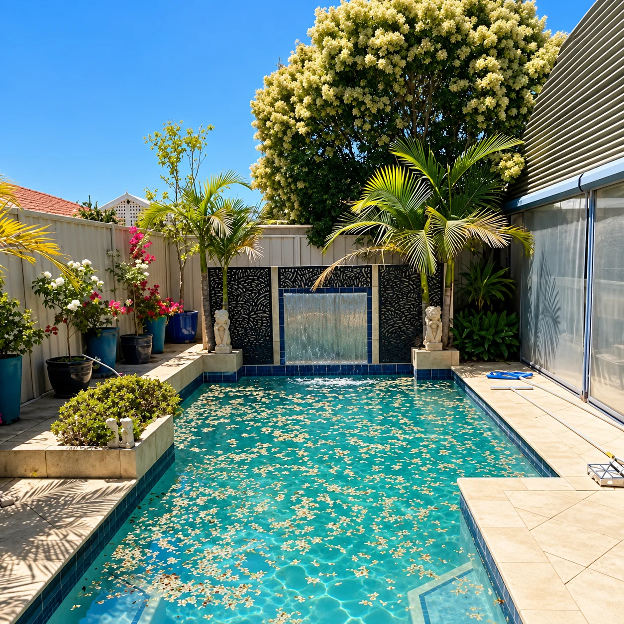 Mature tree overhanging a swimming pool in Sydney